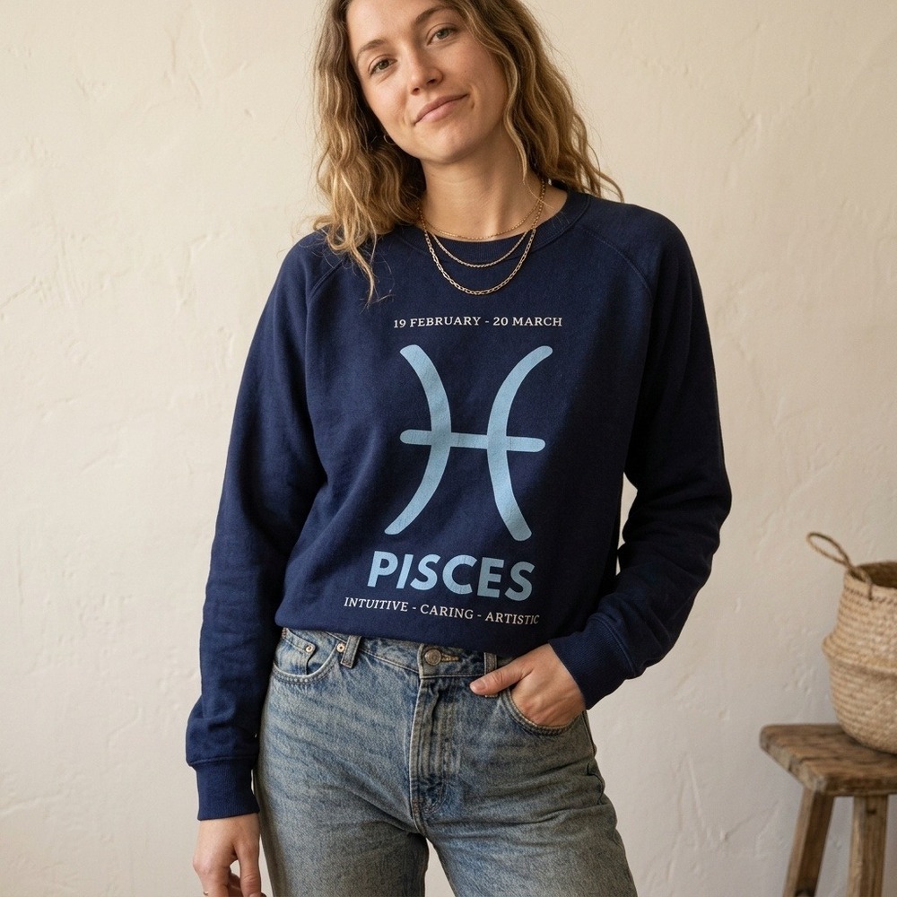 Anthropologie Womens Pisces Zodiac Sweatshirt Medium Navy Blue Raglan Astrology